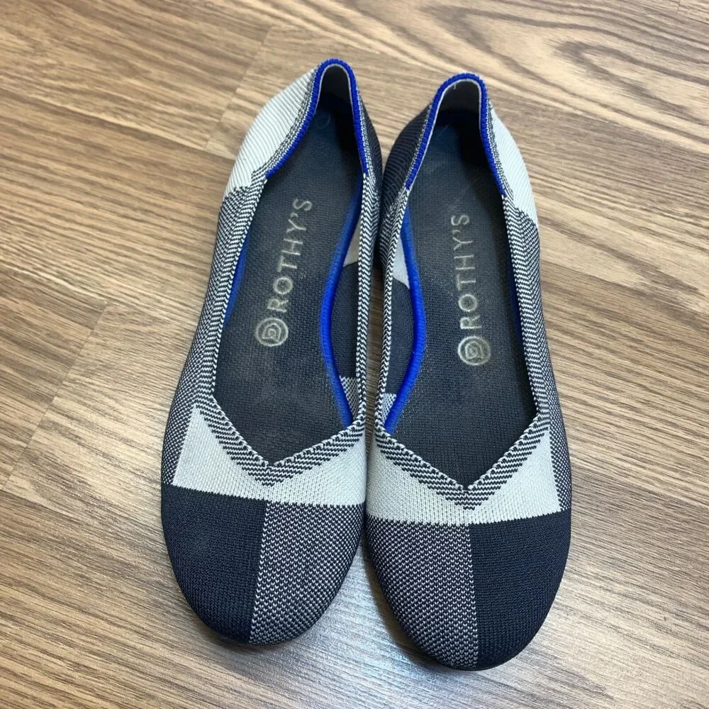 ROTHY’S The Flat Round Toe‎ Shoes Black Gray Plaid Womens Size 10 Slip On
